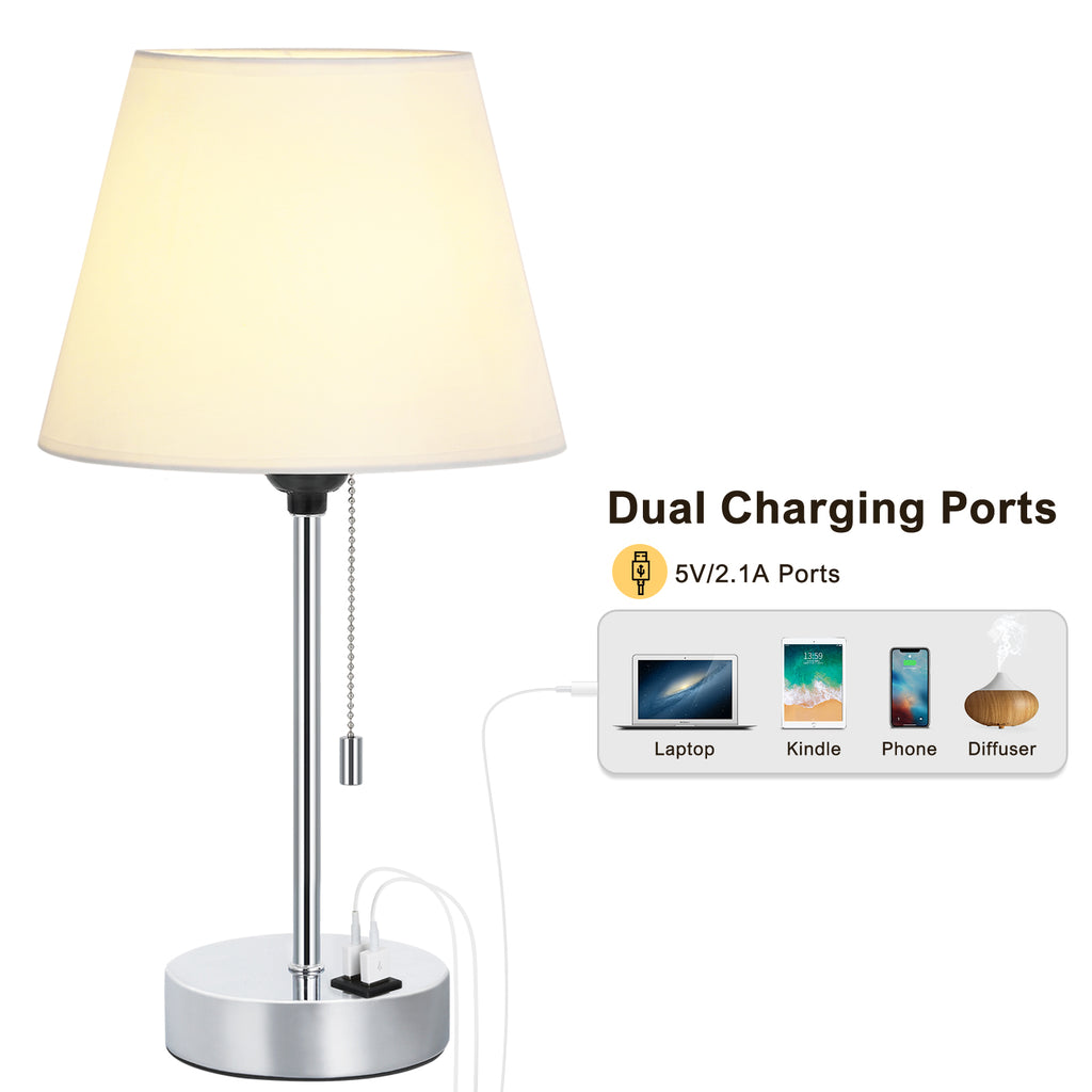 Modern Chrome USB Charging Bedside Lamp，Multi-Functional Table Lamp with Dual Ports.