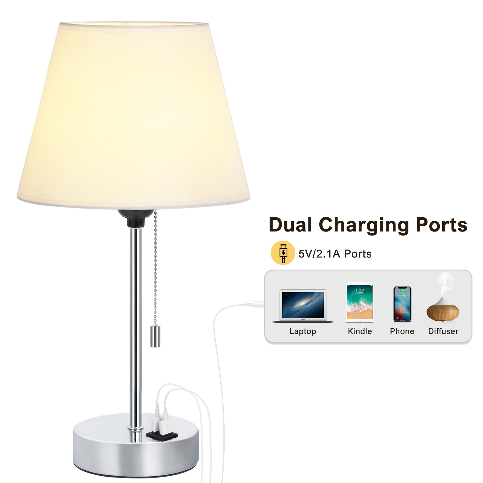 Modern Chrome USB Charging Bedside Lamp，Multi-Functional Table Lamp with Dual Ports.