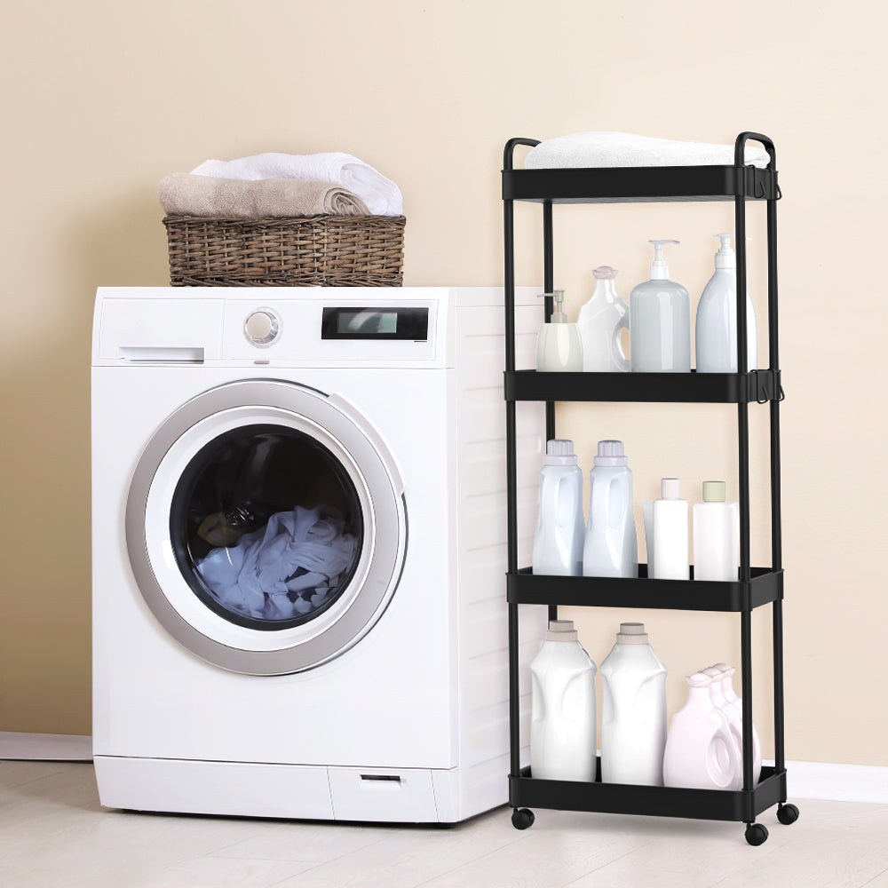 4-Tier Plastic Rolling Utility Cart with Handle, Hooks, Multi-Functional Storage Trolley for Office, Living Room, Kitchen, Movable Storage Organizer with Wheels