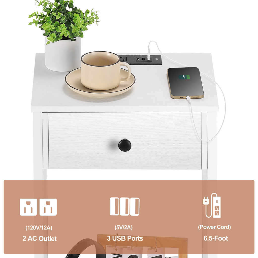 Set of 2 White Nightstands with Charging Station, End Tables with Drawer, USB Ports & Storage Shelf for Bedroom, Living Room, Small Spaces