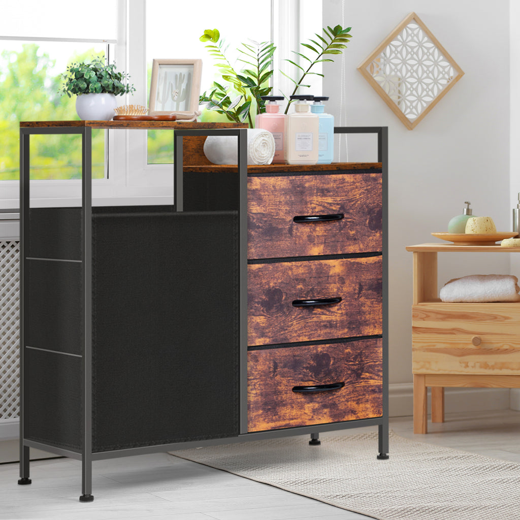 Storage Dresser with 3 Fabric Drawers & Laundry Basket, Rustic Drawer Chest Metal Frame, Bedroom Bathroom Laundry Organizer Cabinet