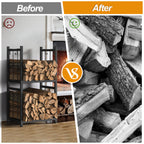 2-Tier Indoor Firewood Rack - Outdoor Log Holder w/ 4 Fireplace Tool Hooks, Black