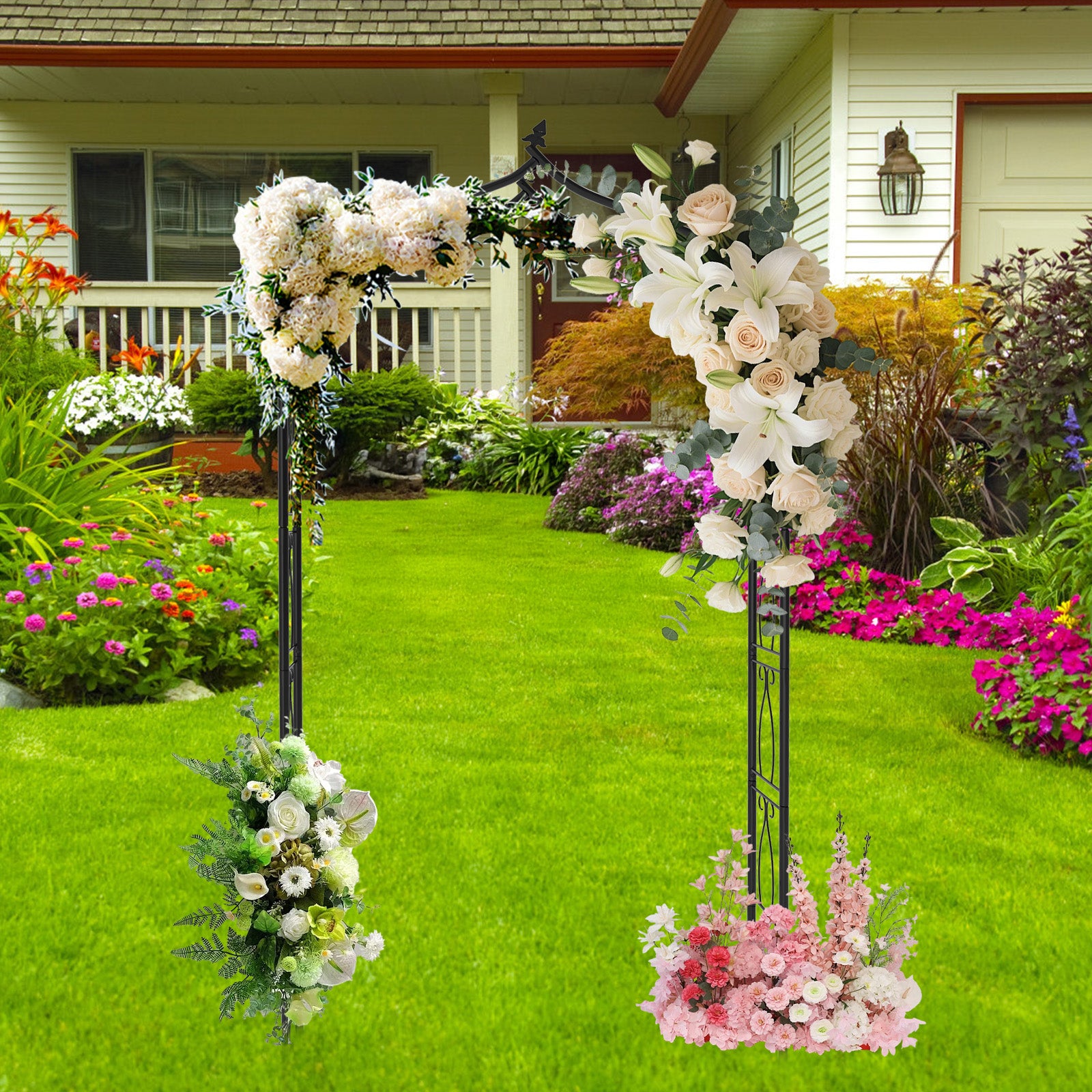 7FT Metal Garden Arch with Ground Stakes - Pointed Gothic Trellis - Durable Backdrop Stand for Party & Wedding Decor