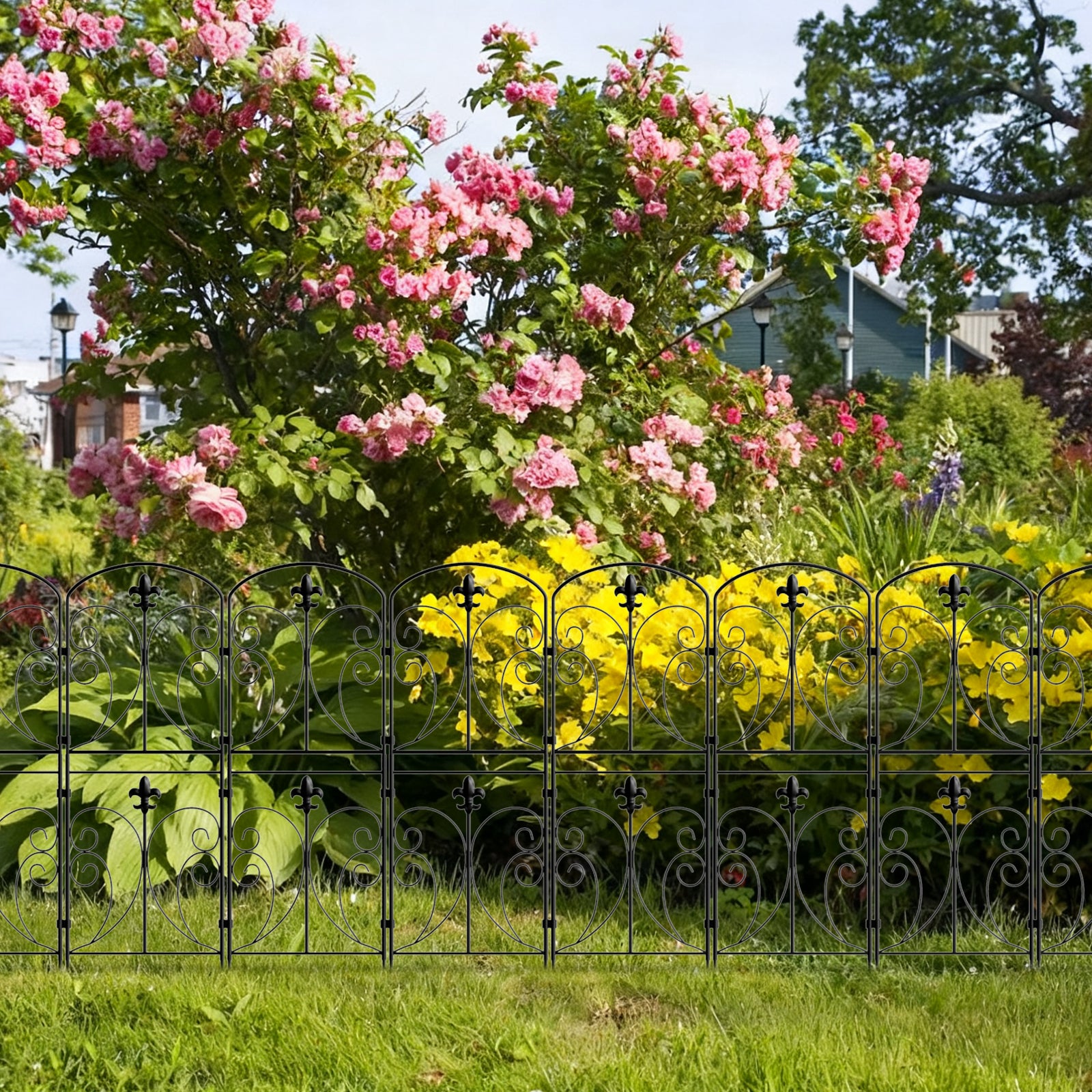 No-Dig Decorative Garden Fence with Gate - Fleur-de-Lis Rustproof Metal Border - Animal Barrier for Patio,