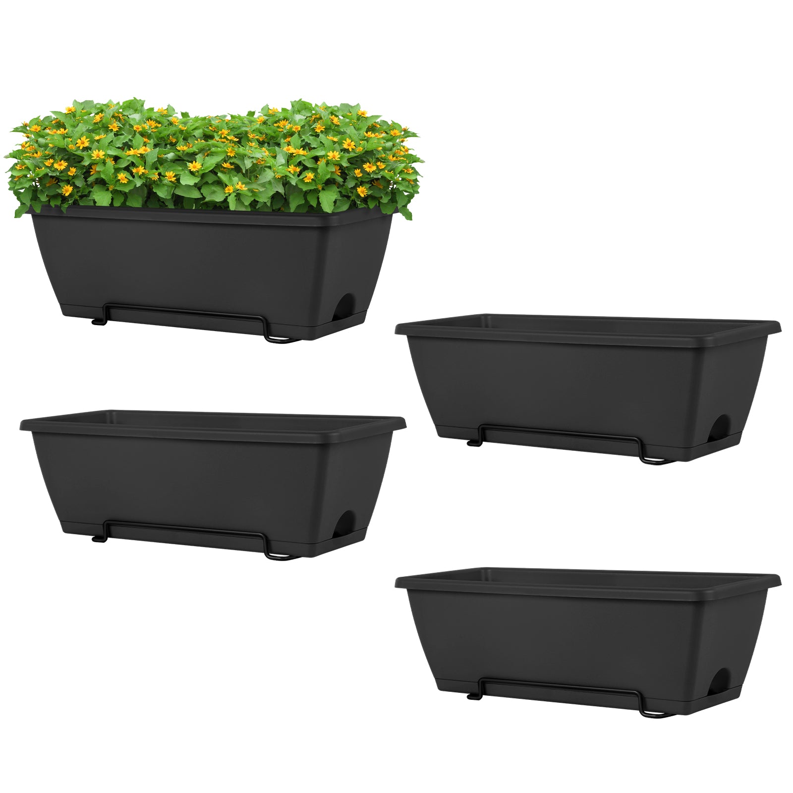 16.9 Inch Deck Railing Planter Boxes for Plants, Rectangular Hanging Window Boxes Planters with Metal Flower Pots Brackets - 4 Pack Railing Planter Box for Balcony Fences Garden
