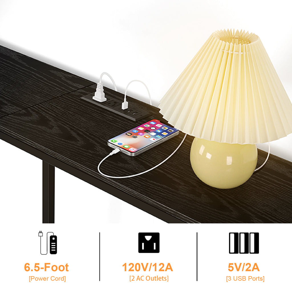 Narrow Entryway Console Table with Power Outlet and USB Ports - Sleek Black Sofa Table with Integrated Charging Station and Utility Hooks for Hallway and Living Room Decor