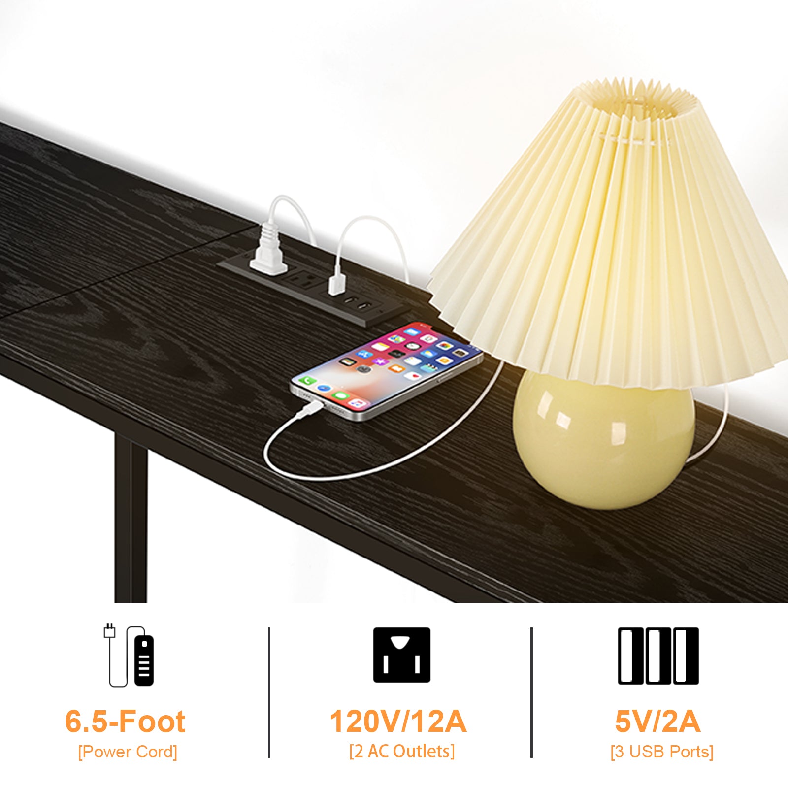 Narrow Entryway Console Table with Power Outlet and USB Ports - Sleek Black Sofa Table with Integrated Charging Station and Utility Hooks for Hallway and Living Room Decor