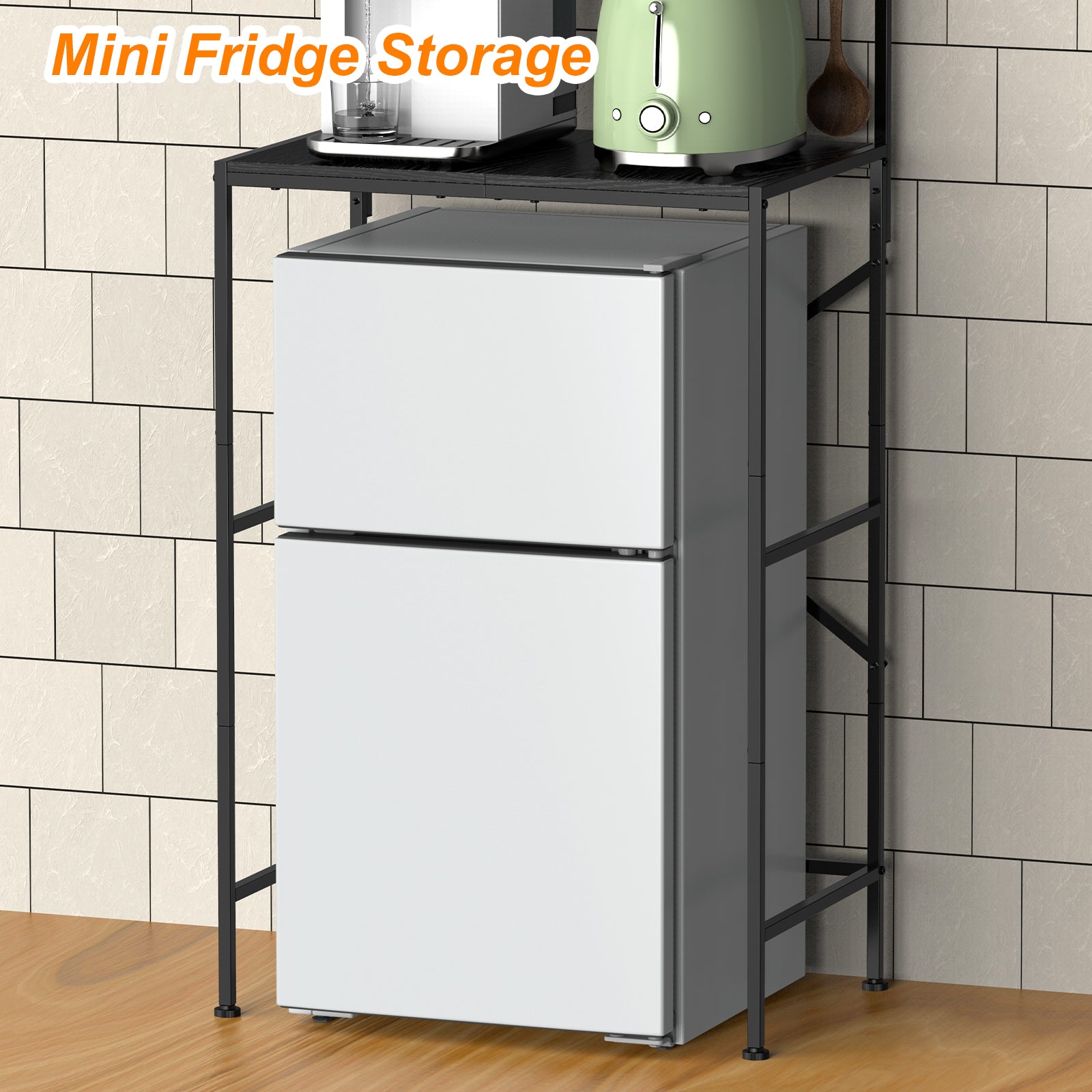 2-Tier Mini Fridge Stand & Microwave Baker's Rack - Multi-Functional Kitchen Storage Organizer with 5 Side Hooks