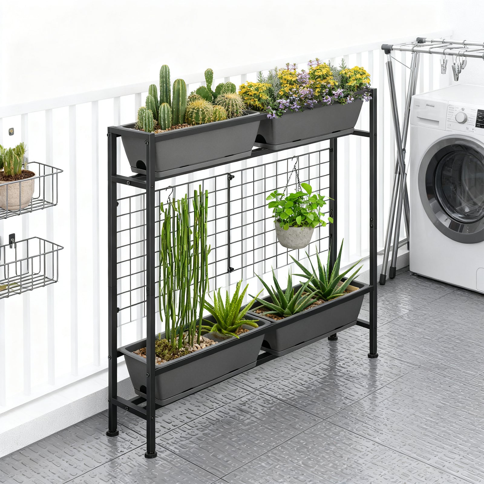 2-Tier Elevated Garden Planter with Trellis - Raised Flower Box with Climbing Plant Support, Gray,