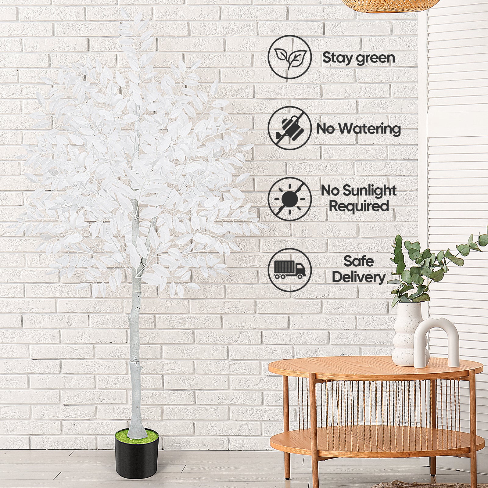 6ft Artificial Ficus Tree with White Silk Leaves, Tall Unique White Faux Plant in Pot for Modern Wedding & Home Office Decor