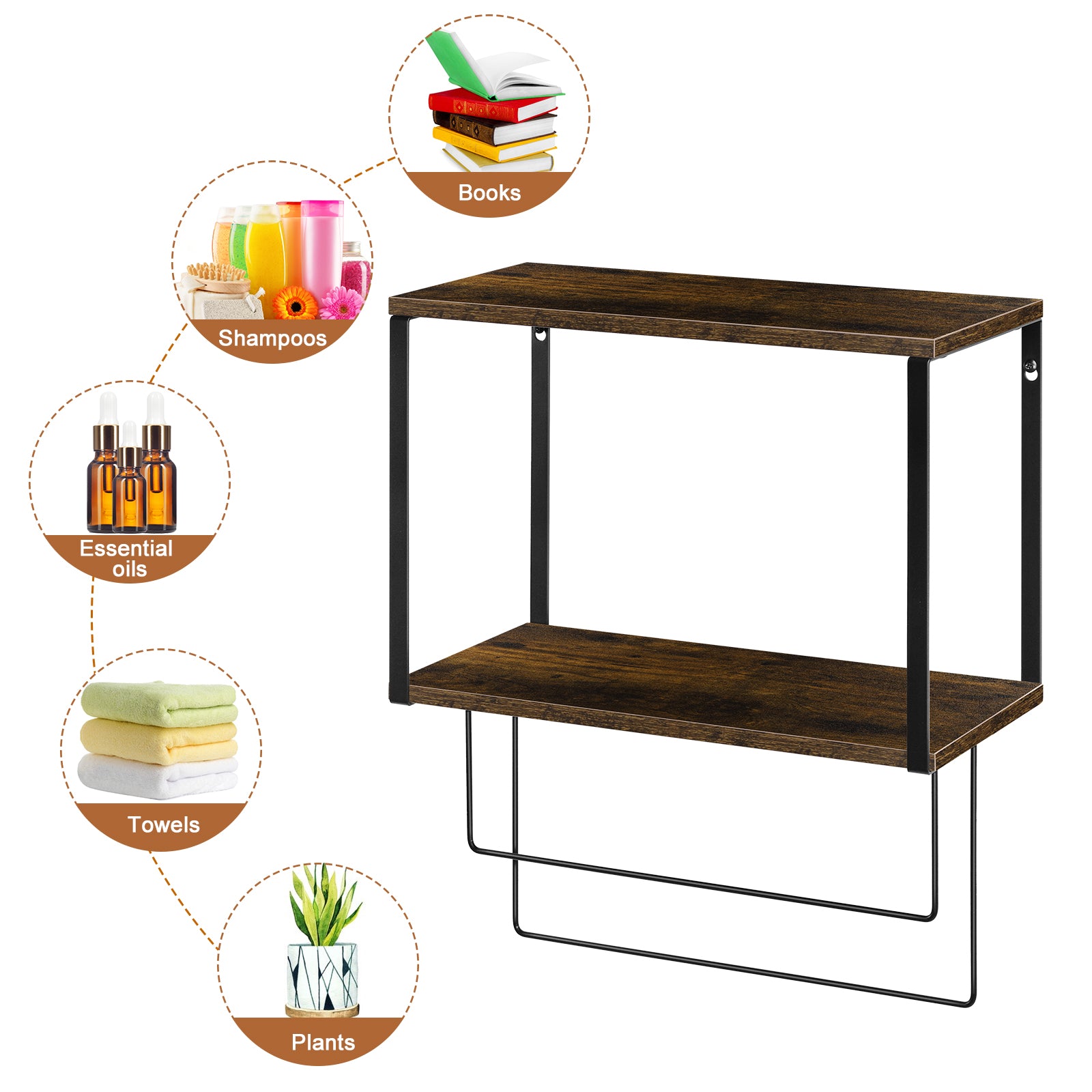 2-tier metal and wood storage rack with dual towel rods, wall-mounted towel rack, hanging storage shelf, multifunctional storage rack for hanging towels, bath towels, and clothes.