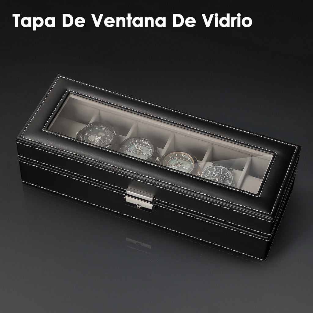 6-Slot Watch Box | Vegan Leather Display Case with Glass Viewing Top