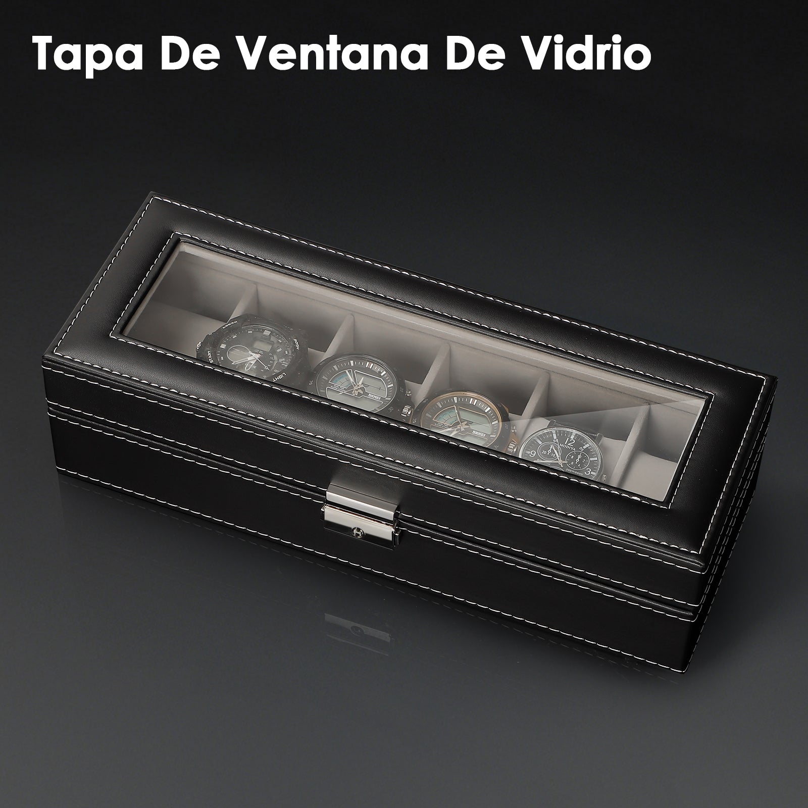 6-Slot Watch Box | Vegan Leather Display Case with Glass Viewing Top