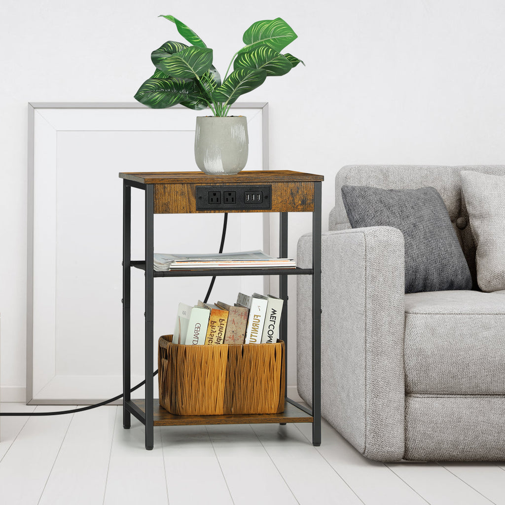 Rustic Brown 3-Tier Side Table with Power Outlets and USB Ports, Compact Bedside Nightstand for Bedroom and Living Room