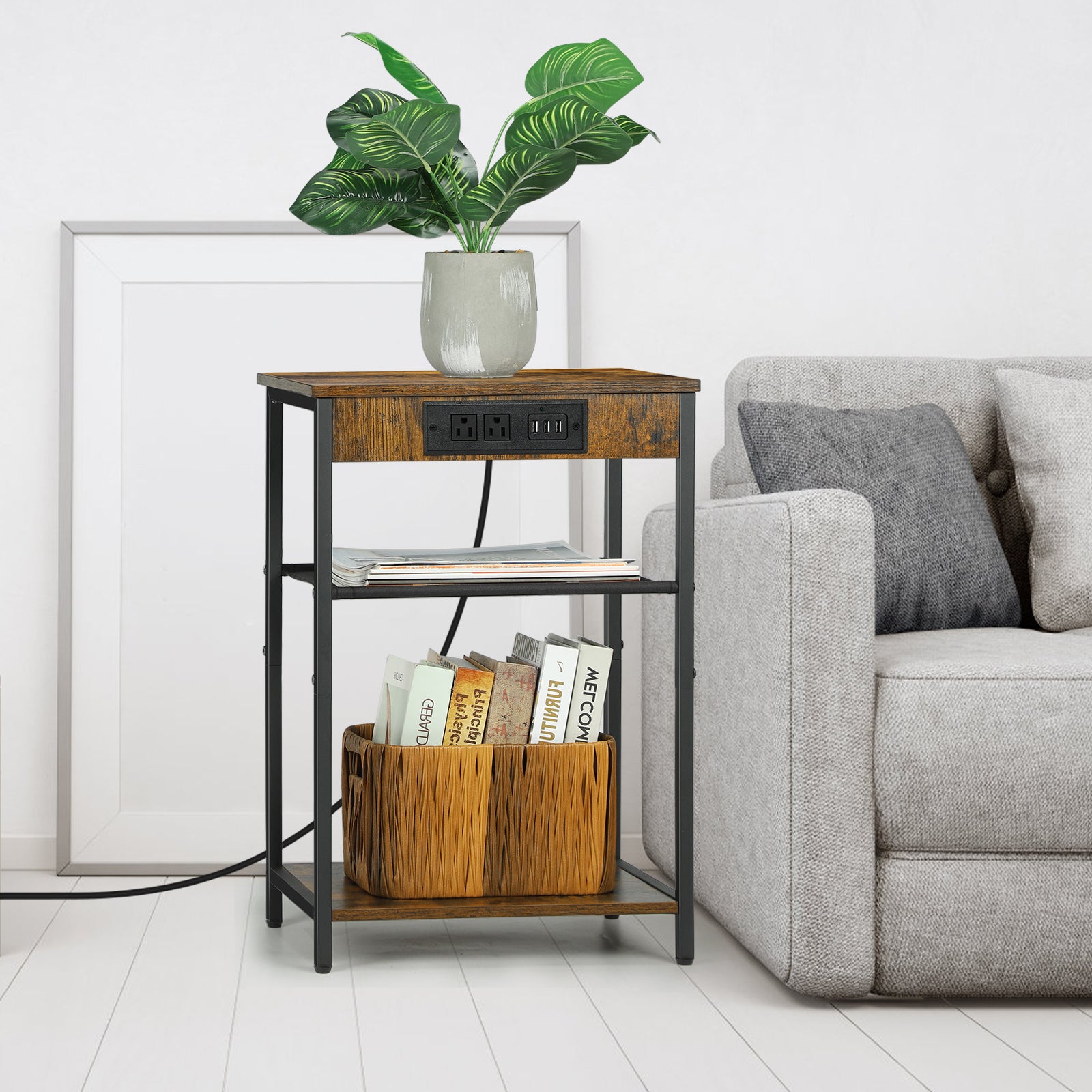 Rustic Brown 3-Tier Side Table with Power Outlets and USB Ports, Compact Bedside Nightstand for Bedroom and Living Room