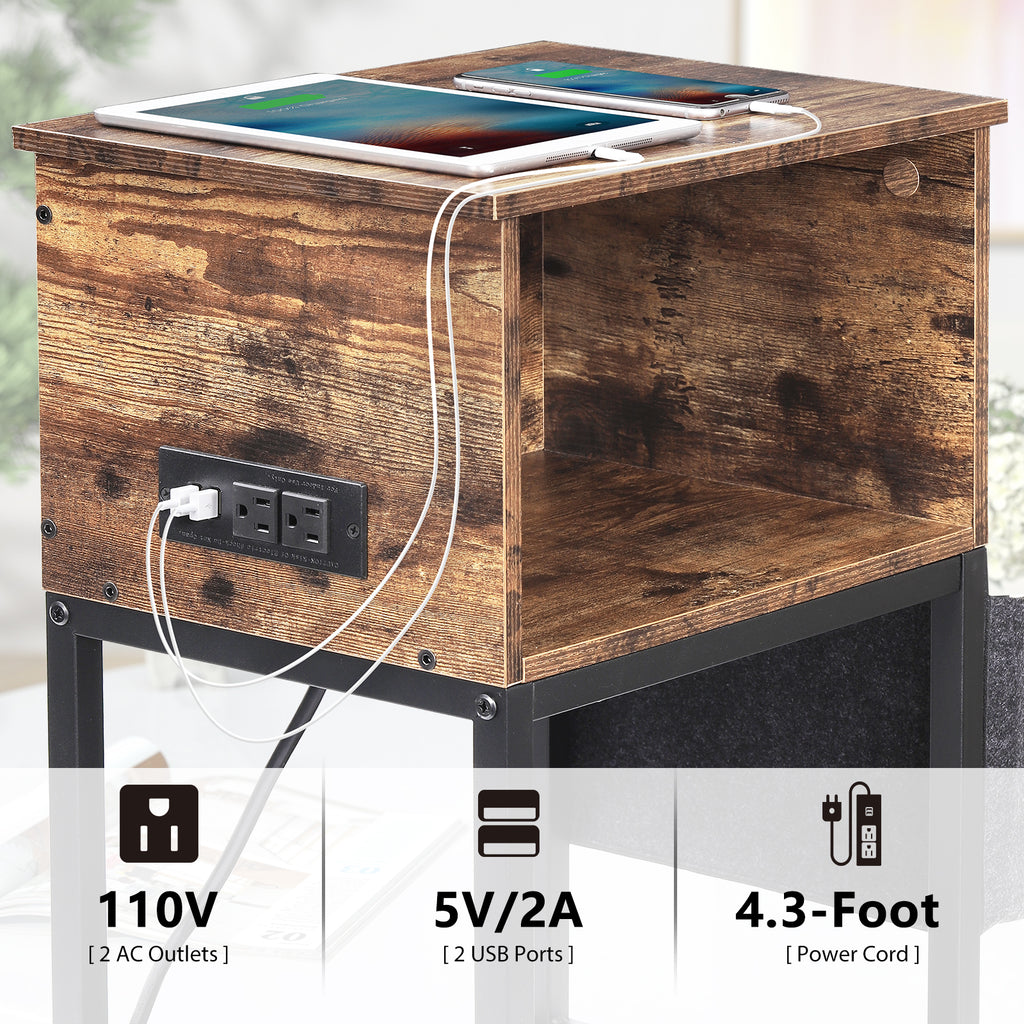 Wide End Table with Charging Station & Storage Pocket - Industrial Sofa Side Table for Living Room