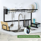 Two-Level Stainless Steel Above-Sink Dish Drainer with Adjustable Kitchen Storage Shelf and Integrated Cutlery Organizer, Black Finish