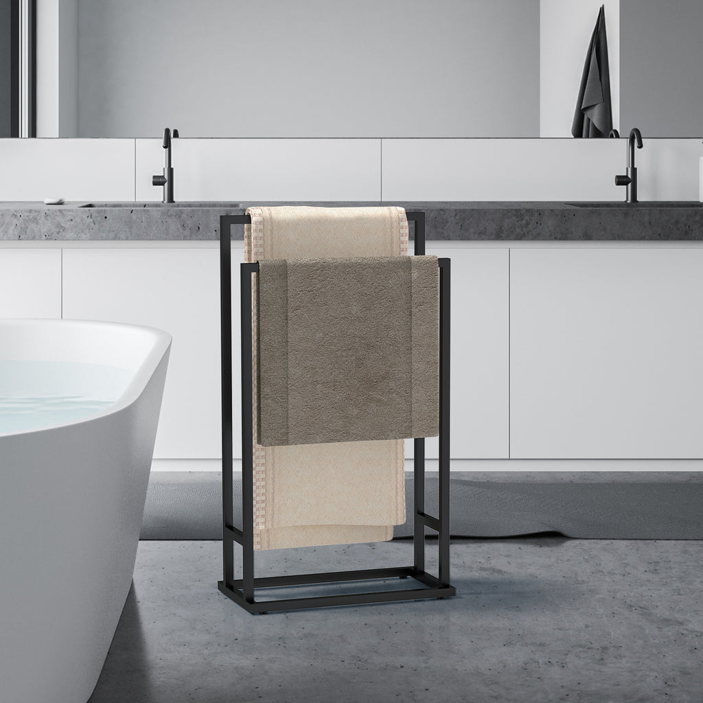 Matte Black Dual-Bar Towel Rack | Freestanding Hand Towel & Blanket Drying Stand