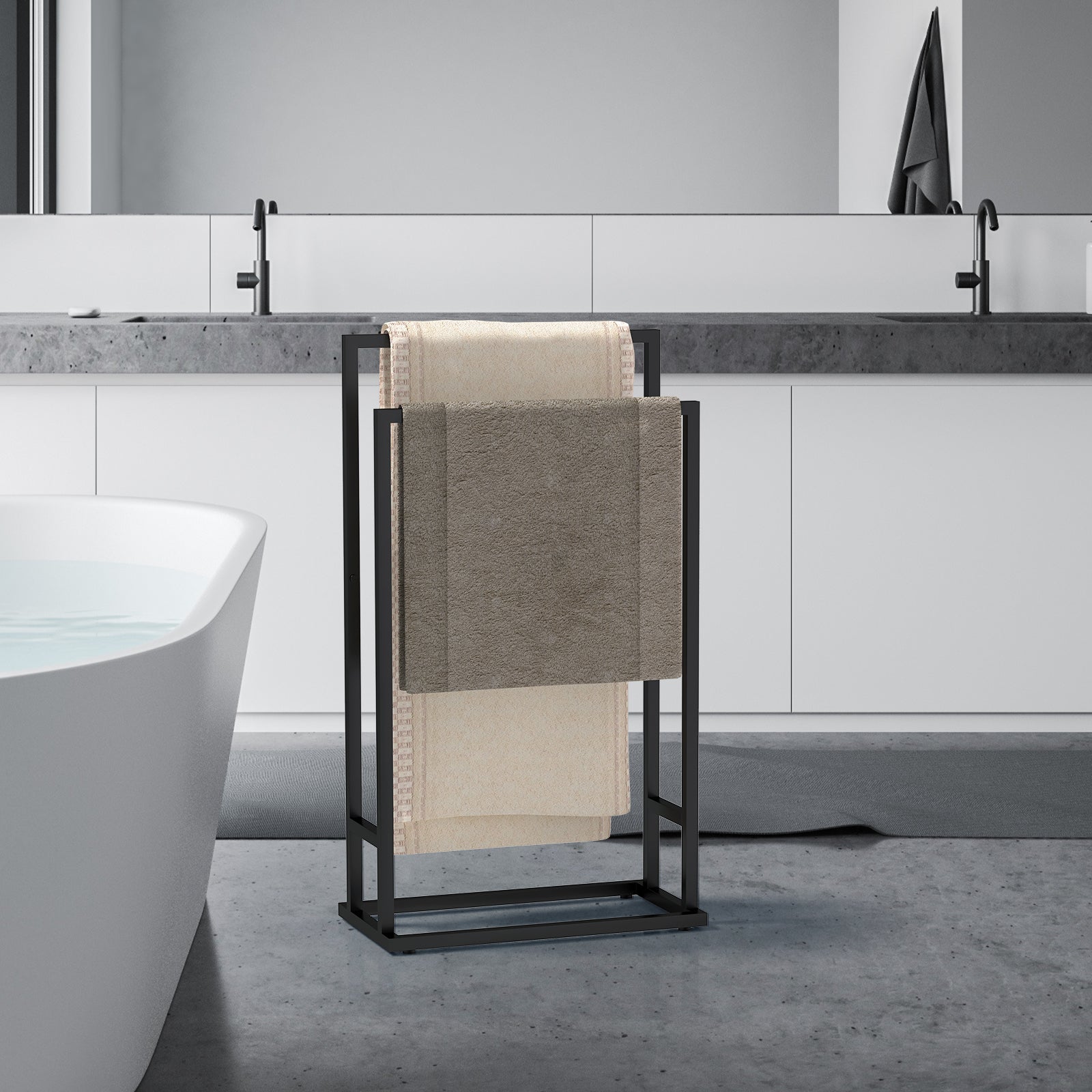 Matte Black Dual-Bar Towel Rack | Freestanding Hand Towel & Blanket Drying Stand