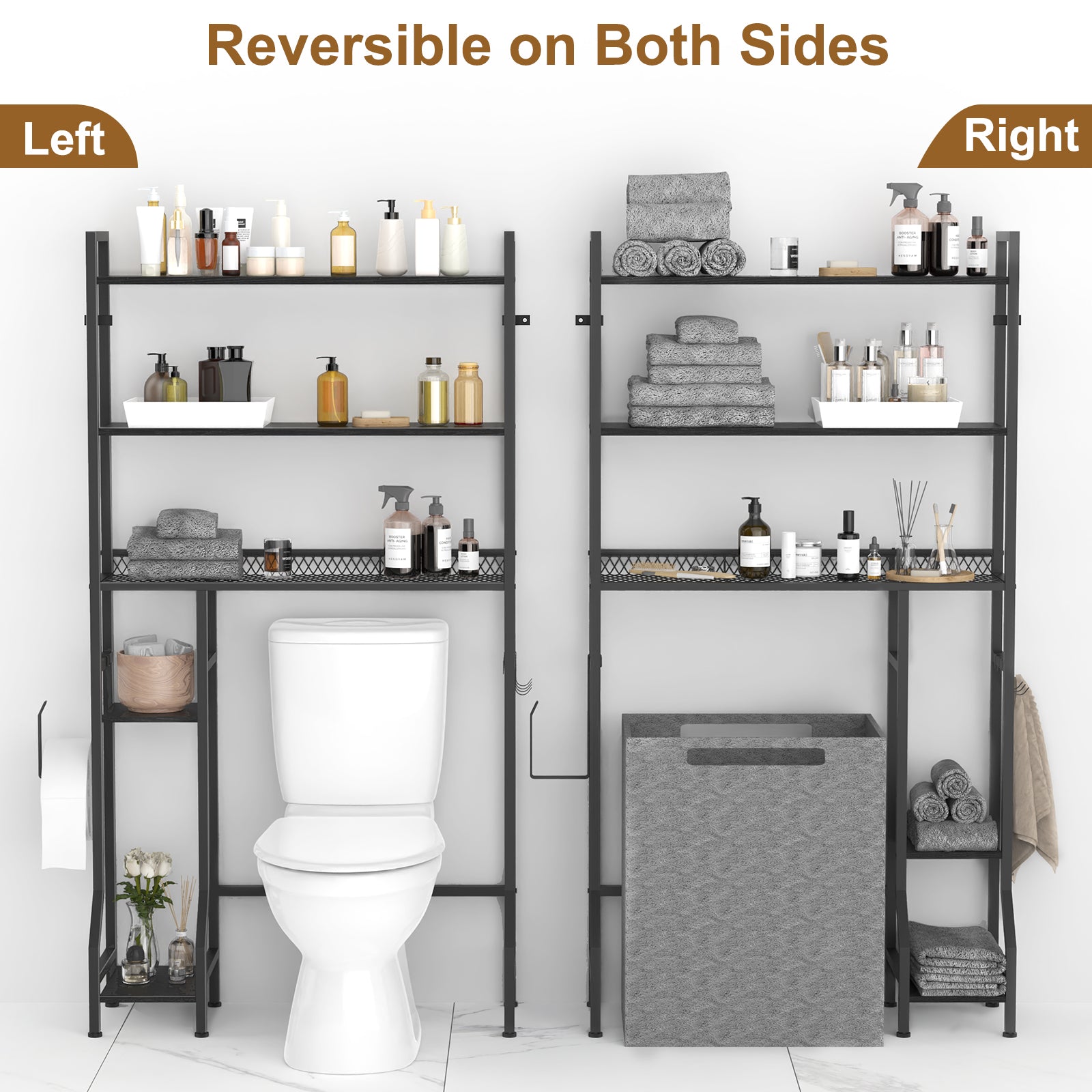 5-Tier Bathroom Over the Toilet Organizer - Tall Storage Rack with Laundry Basket & Side Shelves,