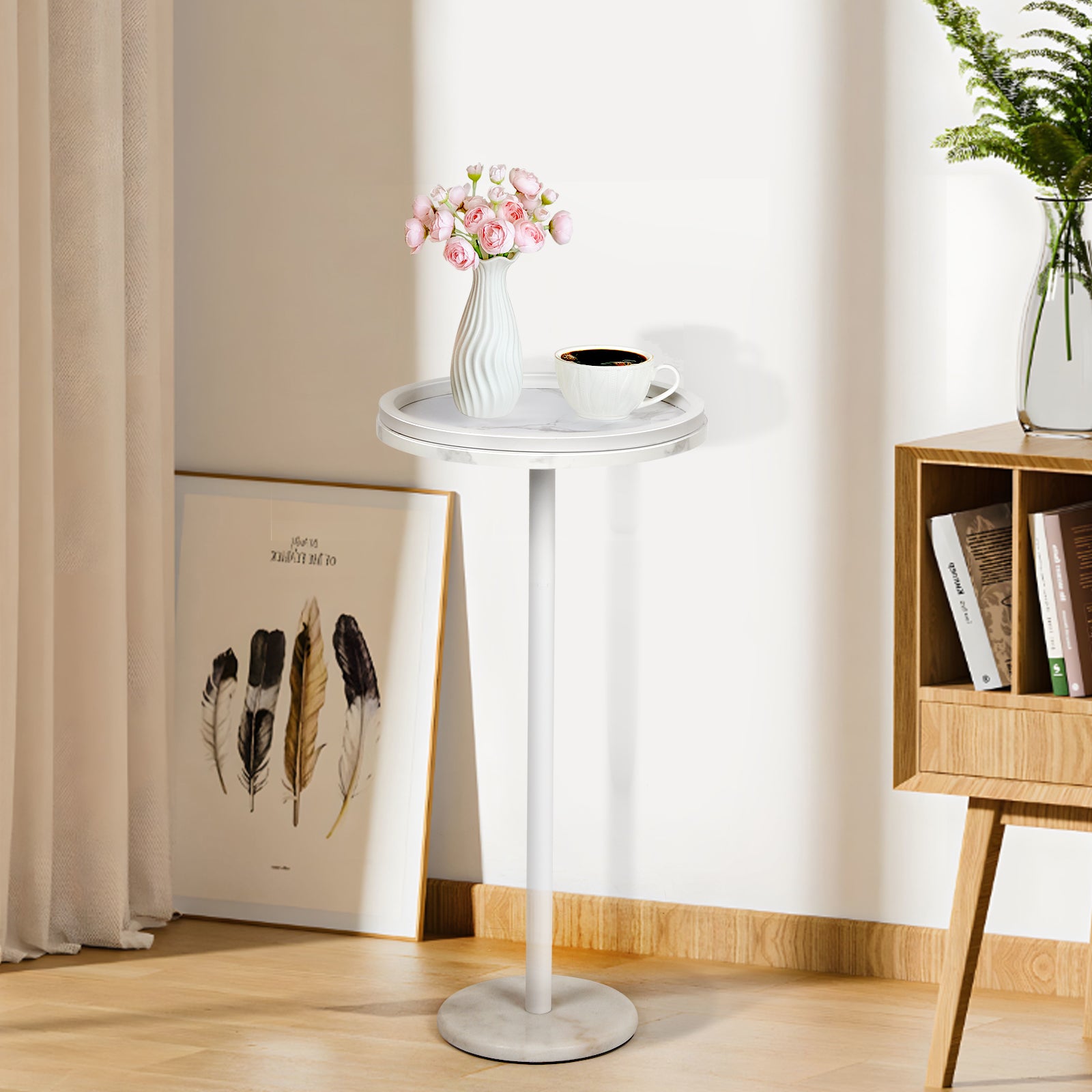 Modern Round Drink Table with Faux Marble Base - Slim Pedestal Side Table for Small Spaces, White,