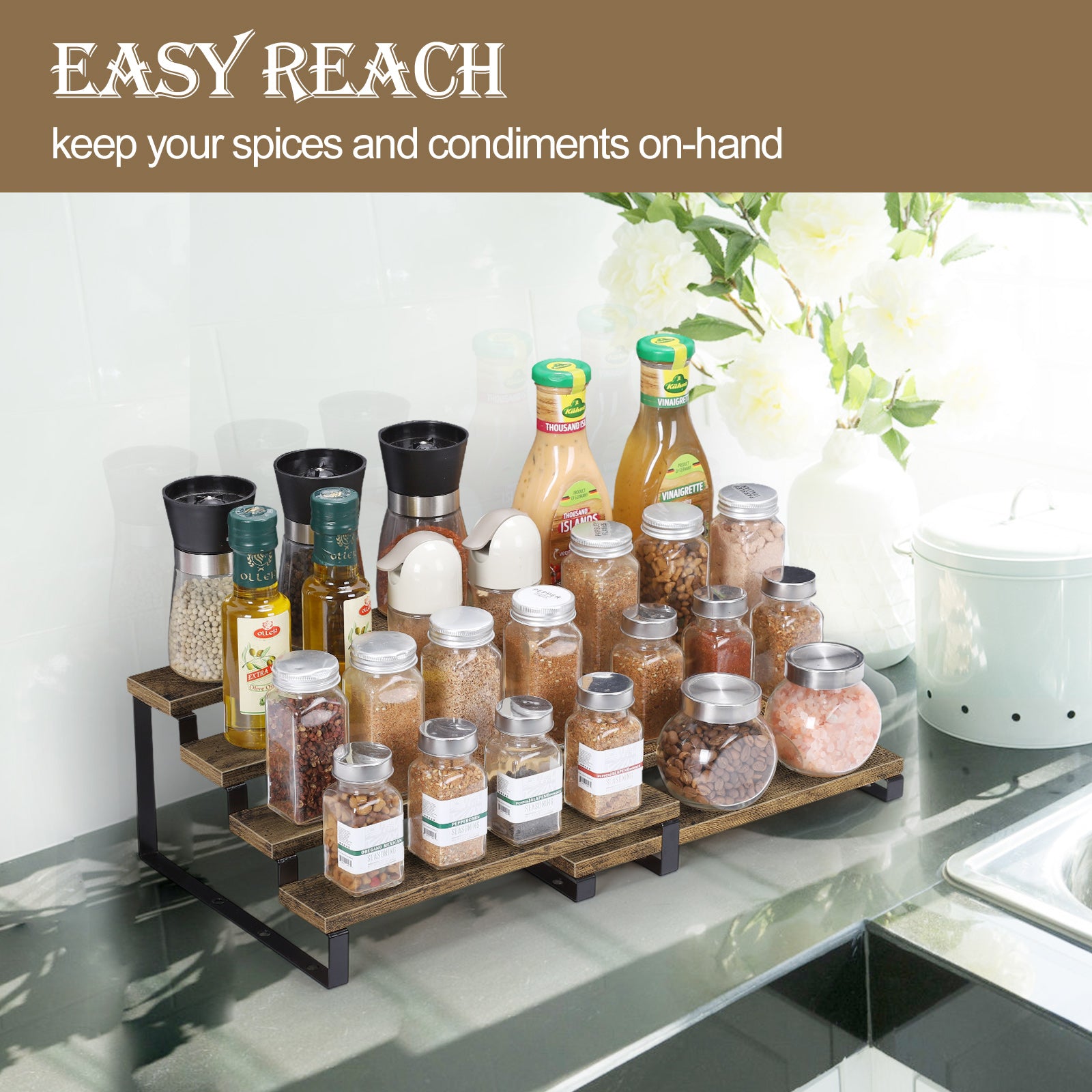 4-Tier Expandable Spice Rack (Set of 2) -Adjustable Step Shelves for Kitchen Cabinets & Countertops