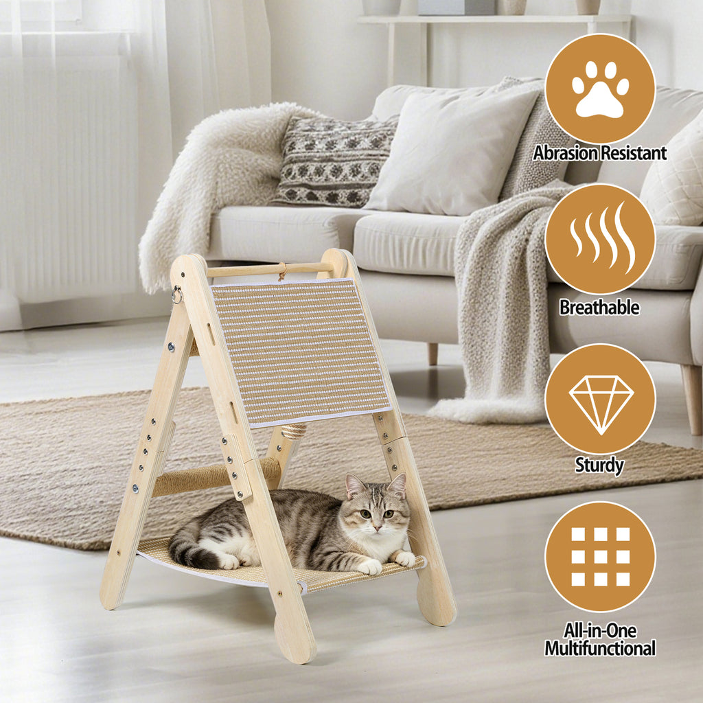 Wooden Cat Scratcher Hammock with Sisal Pad, 2-in-1 Cat Scratching Post & Bed for Indoor Cats, Adjustable Cat Scratcher Lounge