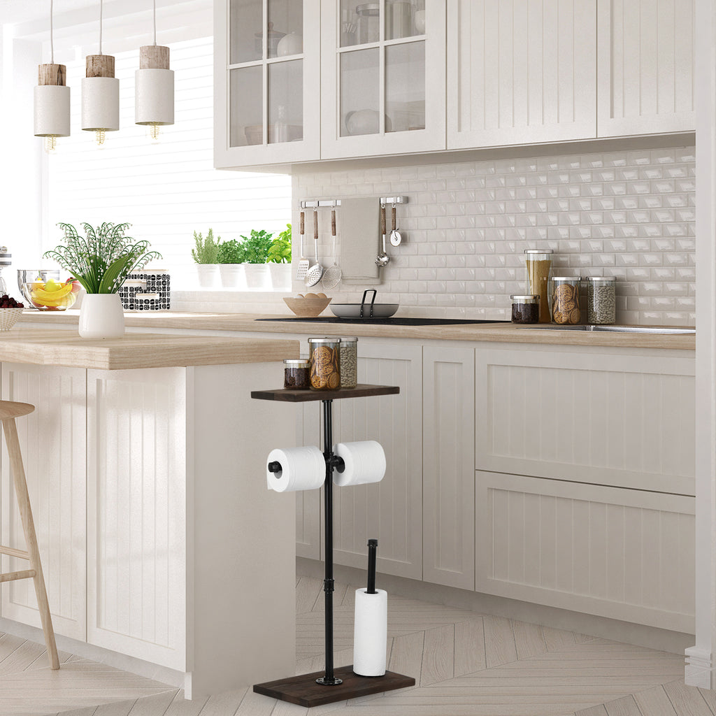 Freestanding Industrial Pipe Toilet Paper Holder with Wood Shelf, Double Roll Dispenser and Reserve Storage for Farmhouse Washroom,