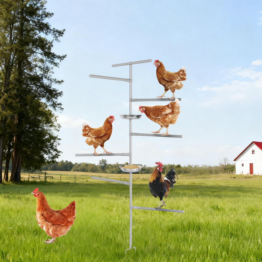 8-Tier Metal Chicken Roosting Bar with 2 Feeders, Ground-Inserted Iron Perch Stand for Poultry Coops