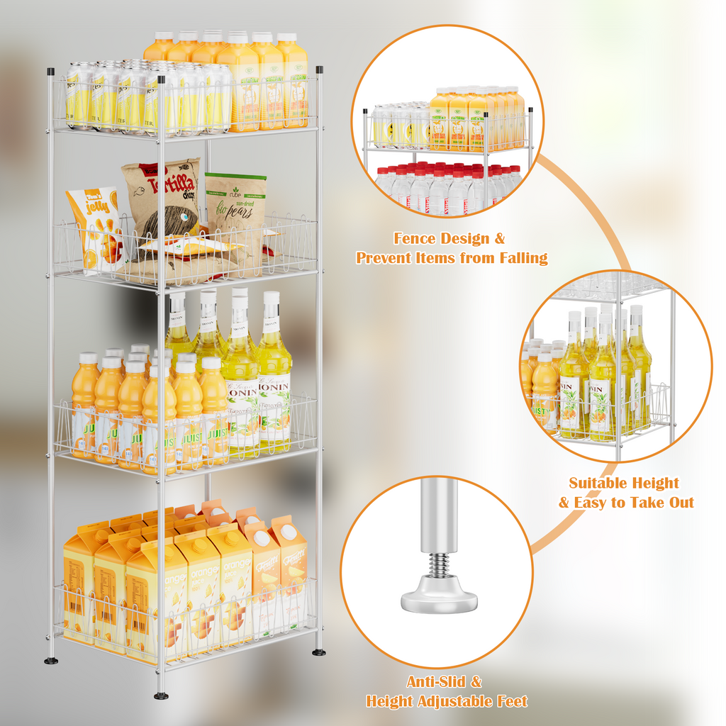4-Tier Water Bottle Holder & Drink Can Shelf Organizer - Freestanding Vertical Storage, Silver