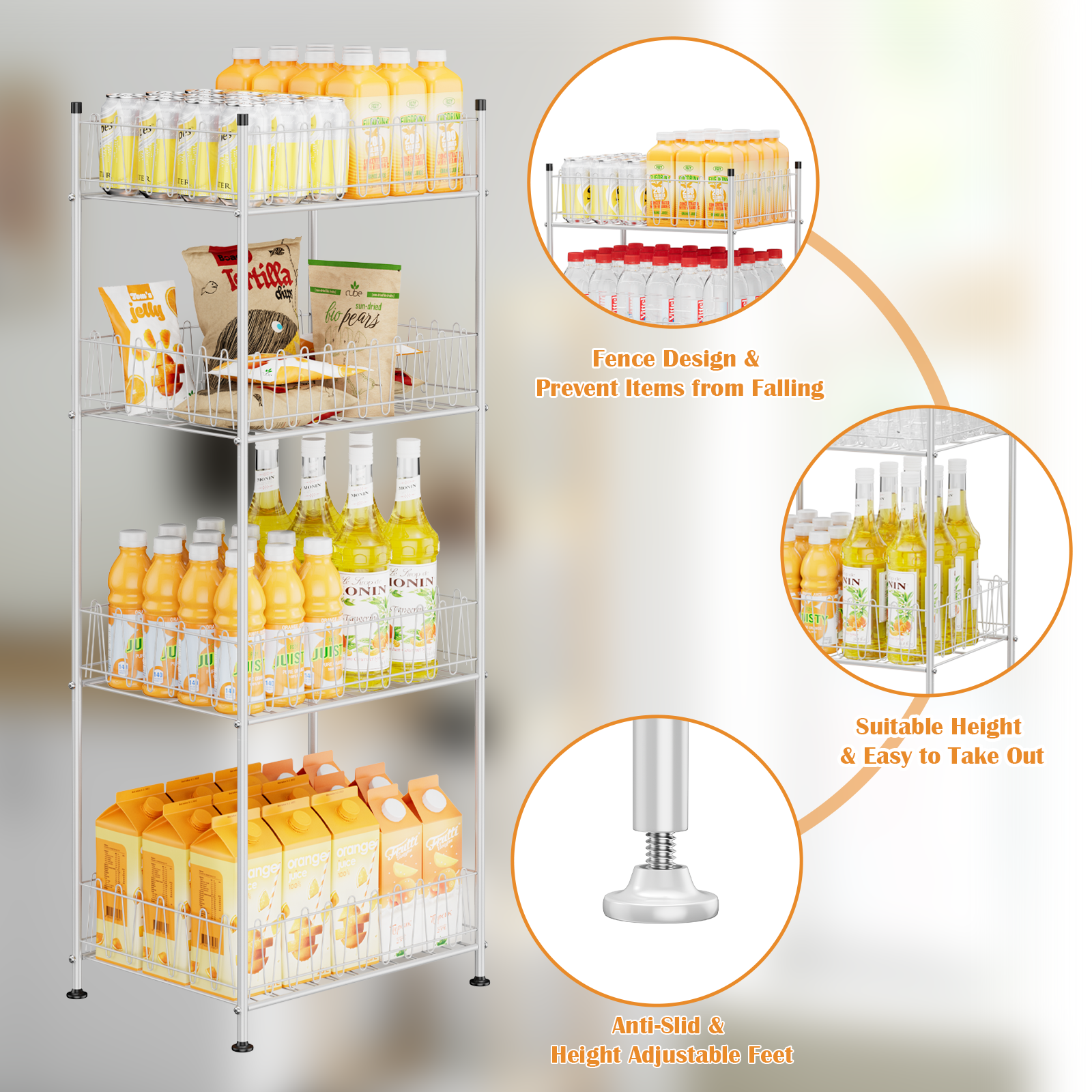 4-Tier Water Bottle Holder & Drink Can Shelf Organizer - Freestanding Vertical Storage, Silver