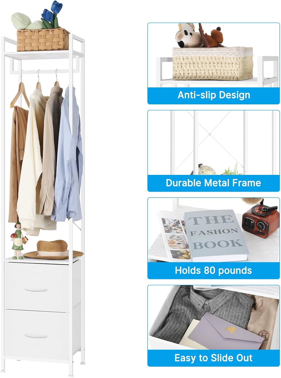 3-in-1 Clothes Rack w/ Drawers - Heavy Duty Garment Rack & Freestanding Closet Organizer, White