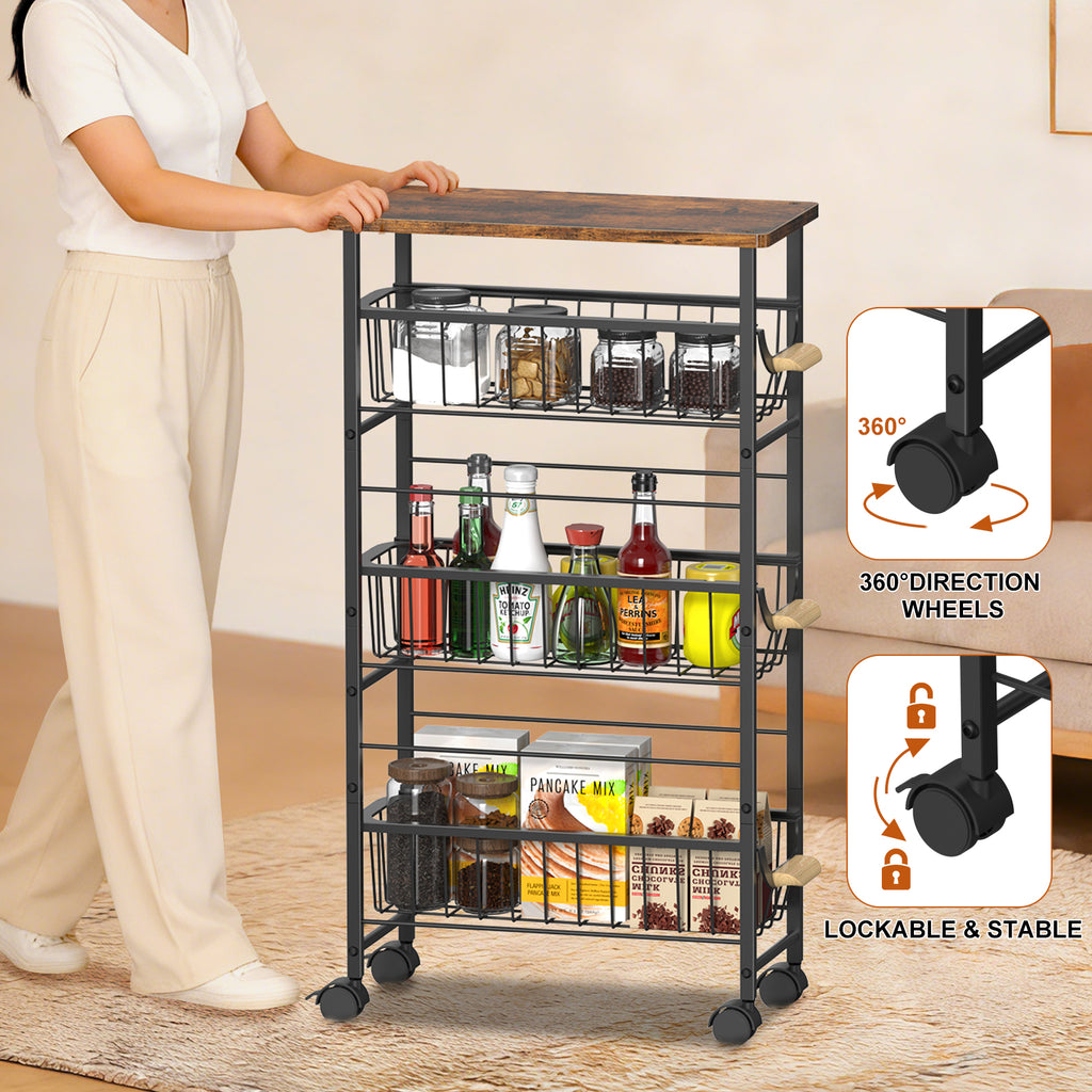 4-Tier Slim Rolling Laundry Cart - Narrow Slide-Out Storage Organizer with Baskets for Small Spaces,