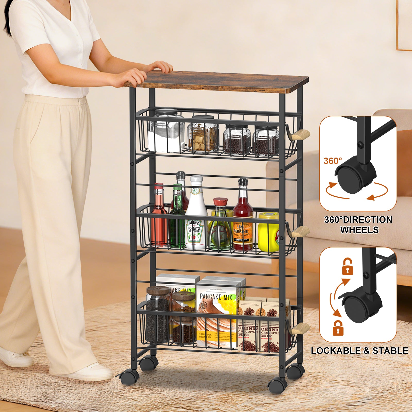 4-Tier Slim Rolling Laundry Cart - Narrow Slide-Out Storage Organizer with Baskets for Small Spaces,
