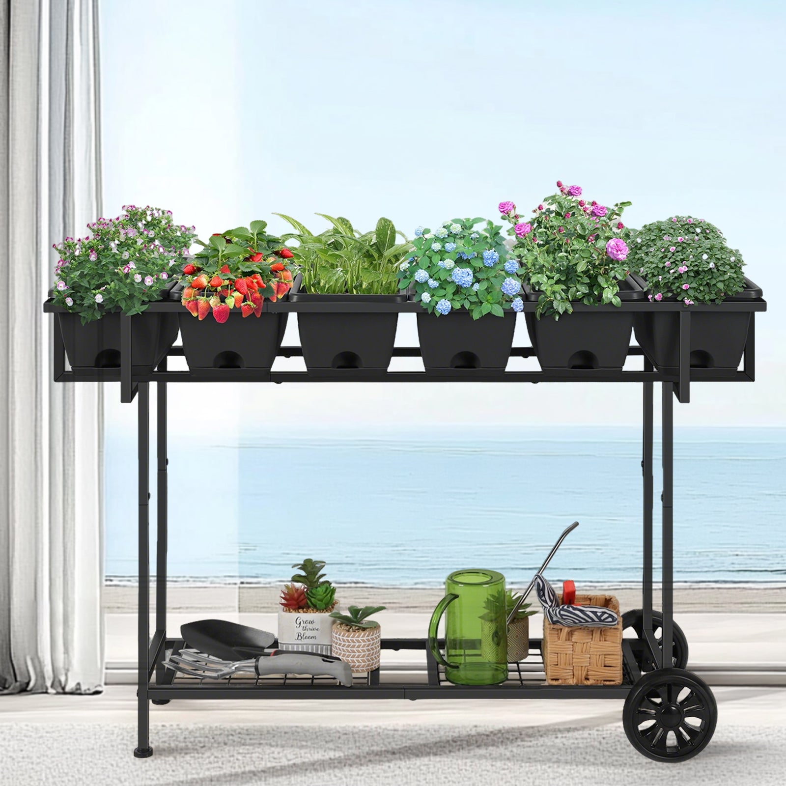 43" Mobile Raised Garden Bed - Elevated Planter Box with Storage Shelf & Wheels for Patio & Balcony,