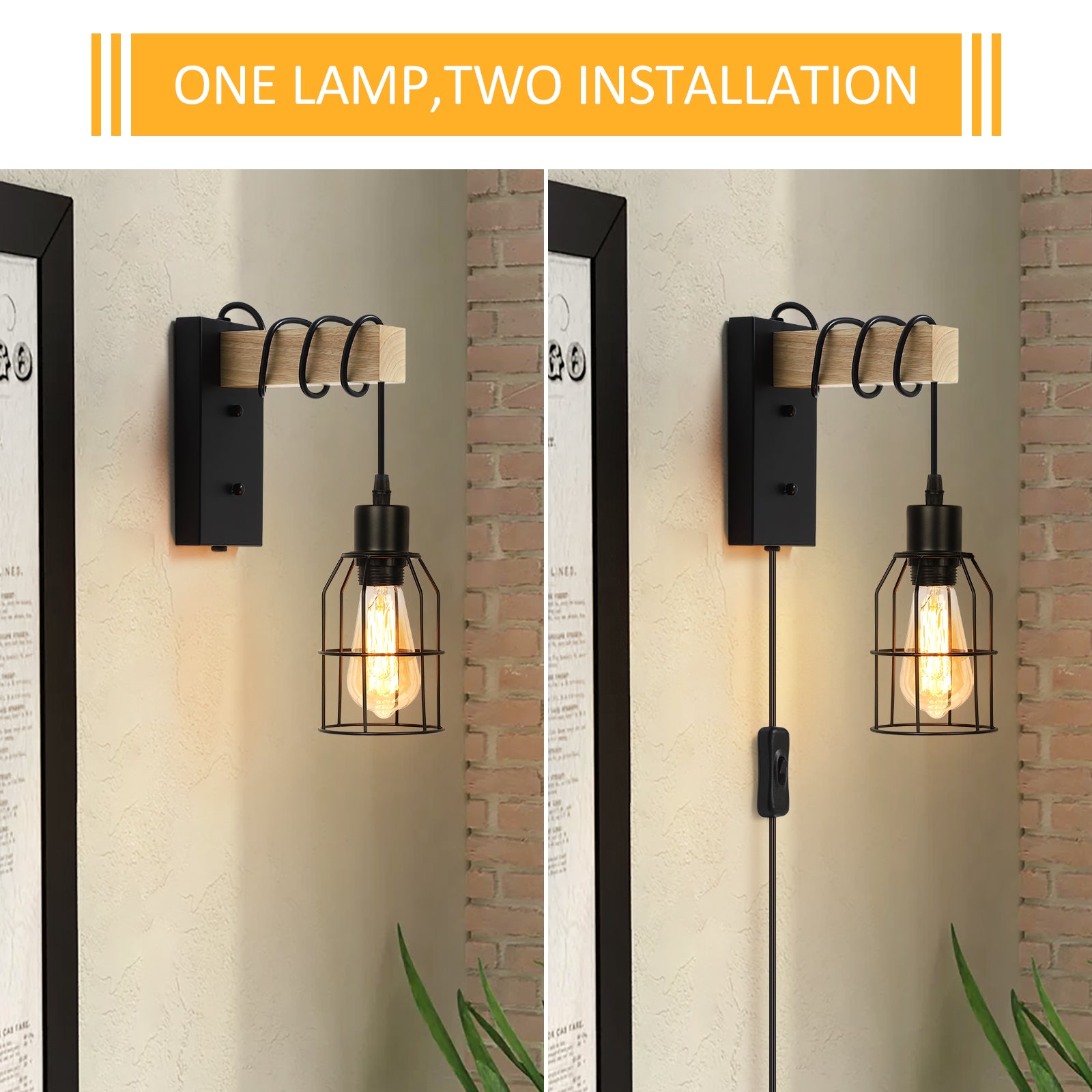 Dual-Pack Industrial Wall Mounted Lights - Plug-in Solid Wood and Metal Cage Sconces for Bedroom, Living Room, or Garage