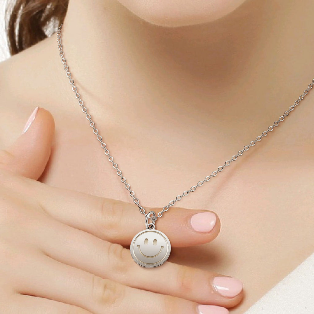 White Plated Happy Face Jewelry Set Featuring Necklace and Earrings, Stylish Summer Gift for Women and Teen Girls