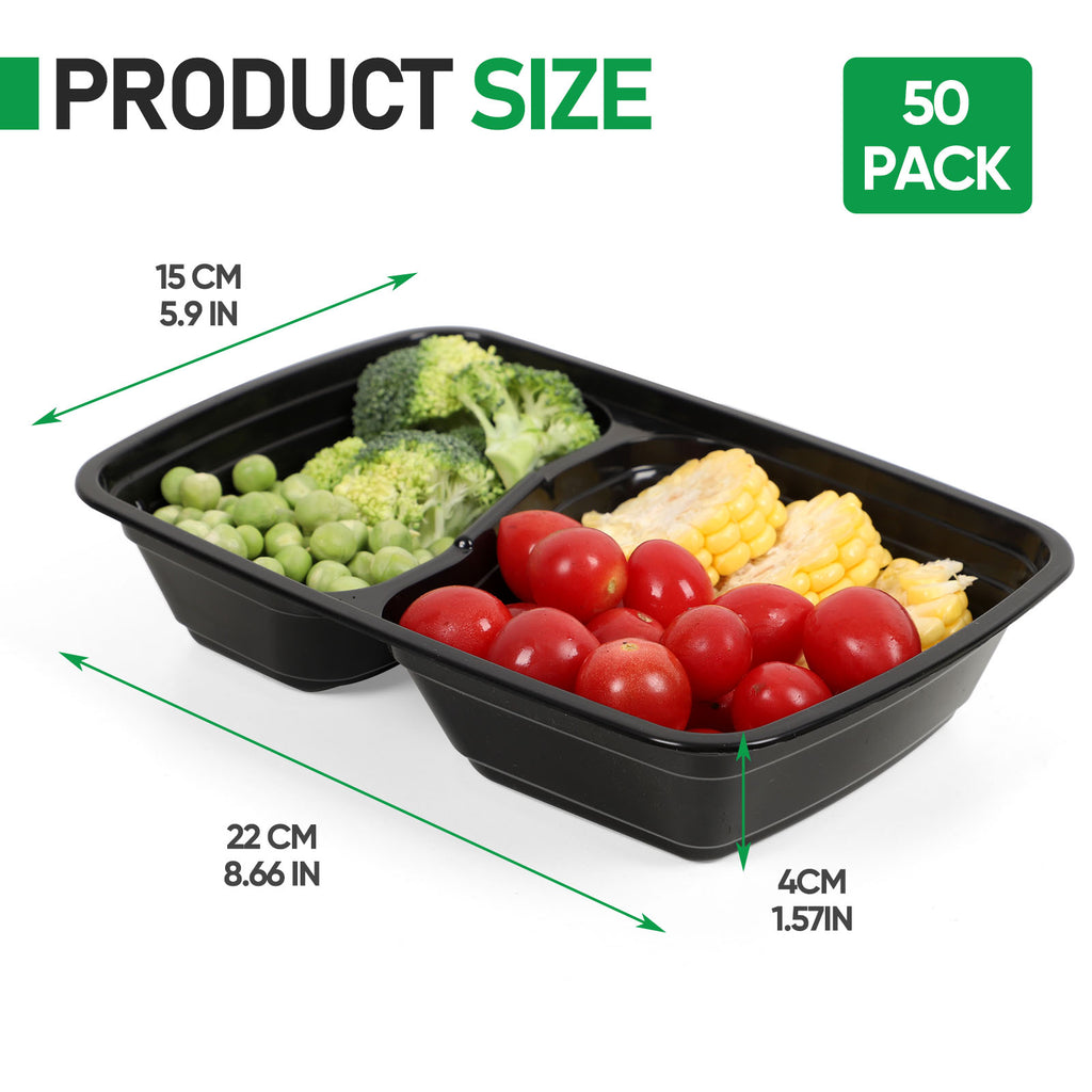 50-Pack 2-Compartment Meal Prep Containers - 30oz Reusable Plastic Food Storage with Lids - Perfect for Entrees & Sides