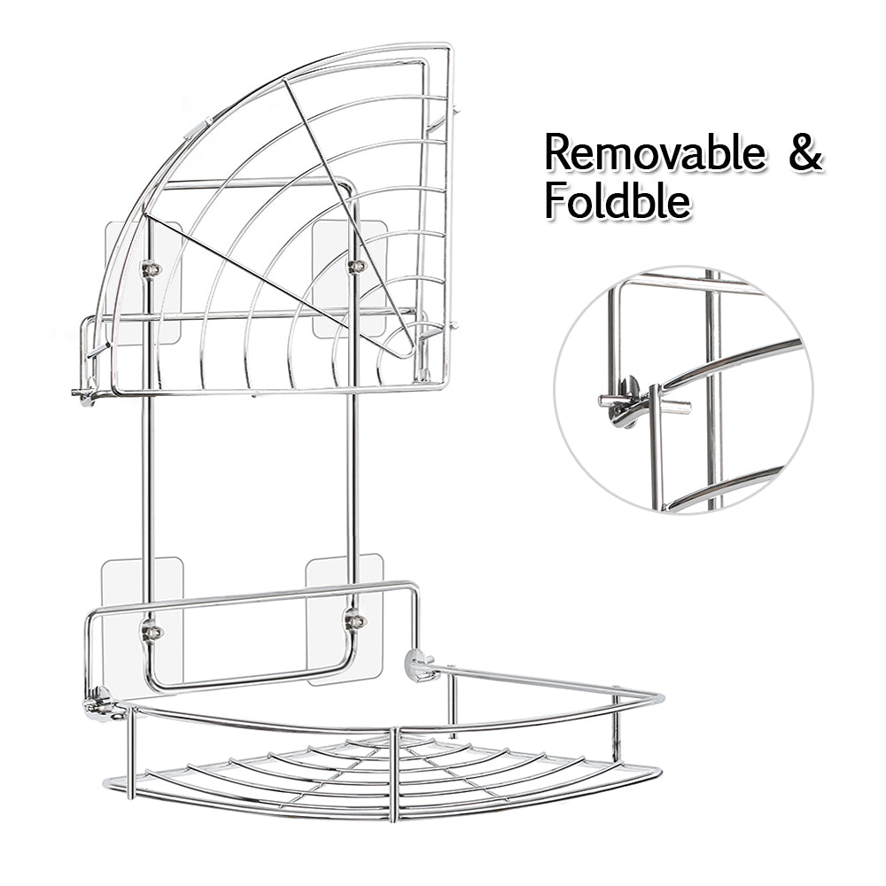 2-Tier Adhesive Stainless Steel Wall-Mounted Shower Organizer for Bathroom and Kitchen Storage