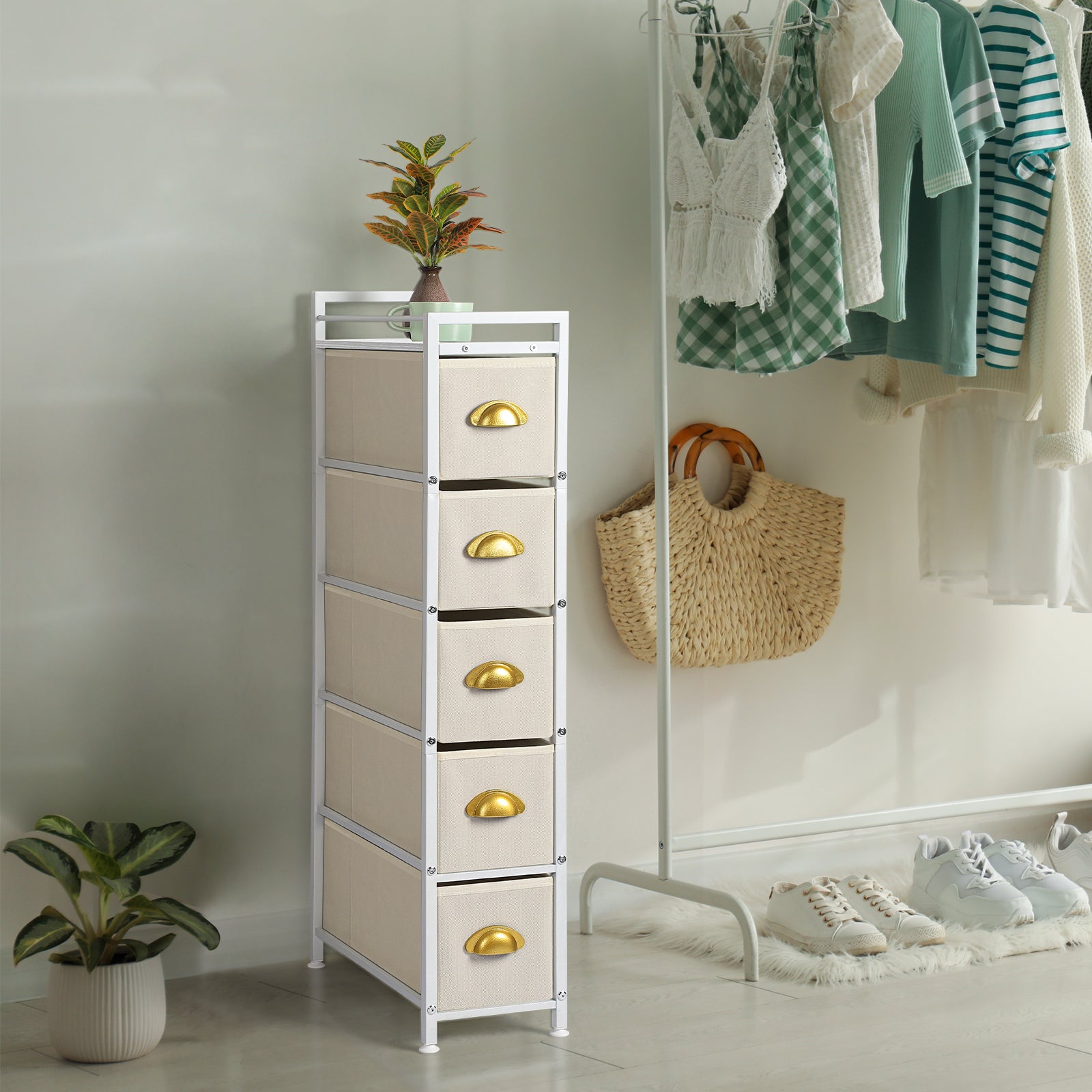 5-Tier Narrow Beige Dresser - Tall Slim Fabric Storage Cabinet for Living Room & Gaps