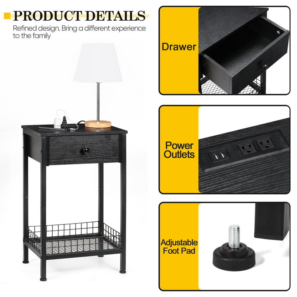 Tall Nightstand with Charging Station, 3-Tier Bedside Table with Storage Drawer & Mesh Basket, Slim End Table for Living Room & Small Spaces,