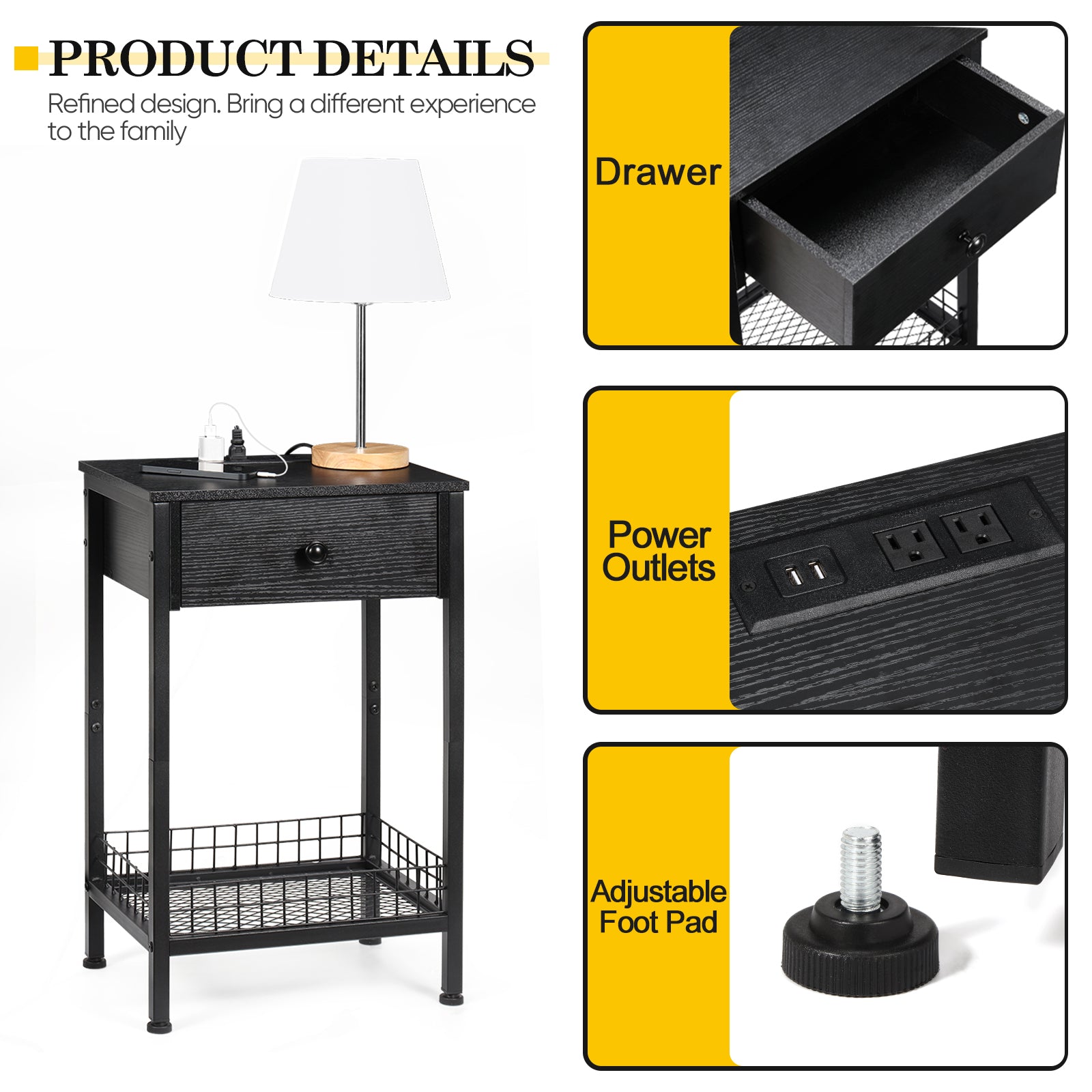 Tall Nightstand with Charging Station, 3-Tier Bedside Table with Storage Drawer & Mesh Basket, Slim End Table for Living Room & Small Spaces,