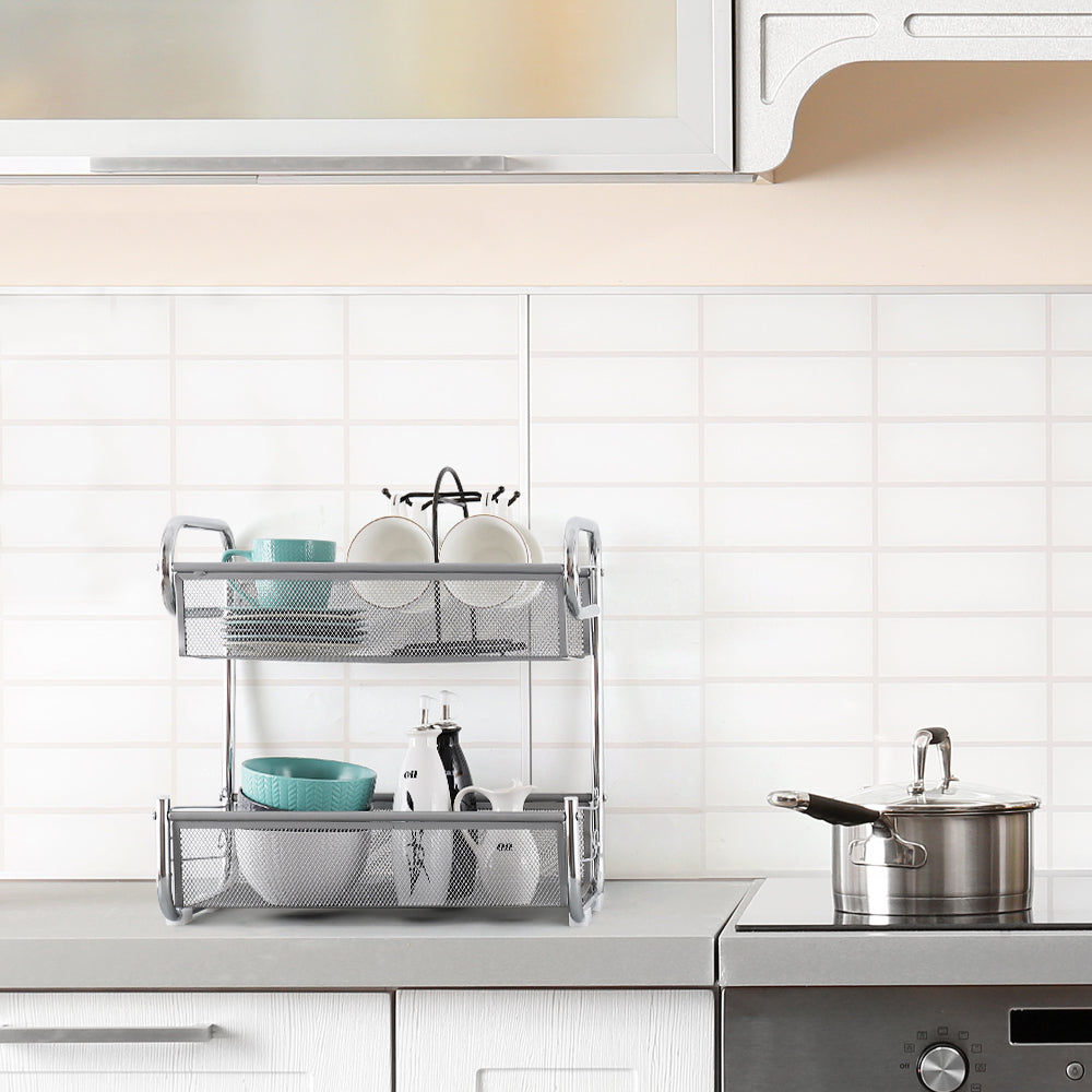 Silver 2 Tier Mesh Storage Rack Countertop Organizer, Double Basket Kitchen Bathroom Desktop Storage Shelf