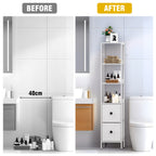 56" Tall Slim Bathroom Storage Cabinet - Narrow Floor Organizer with 2 Drawers & Open Shelves, White,