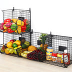 4-Level Wall-Mounted Metal Wire Produce Organizer with Rolling Wheels and Chalkboards, Black Stackable Storage Rack for Kitchen and Bathroom