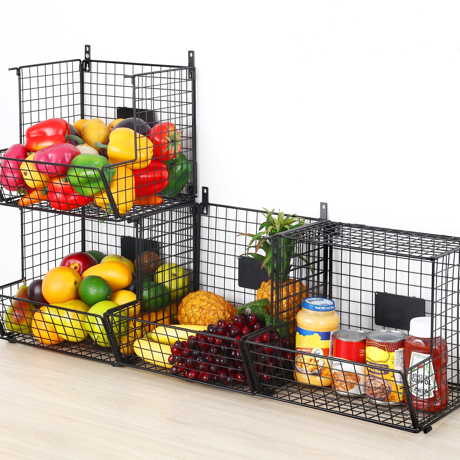 4-Level Wall-Mounted Metal Wire Produce Organizer with Rolling Wheels and Chalkboards, Black Stackable Storage Rack for Kitchen and Bathroom