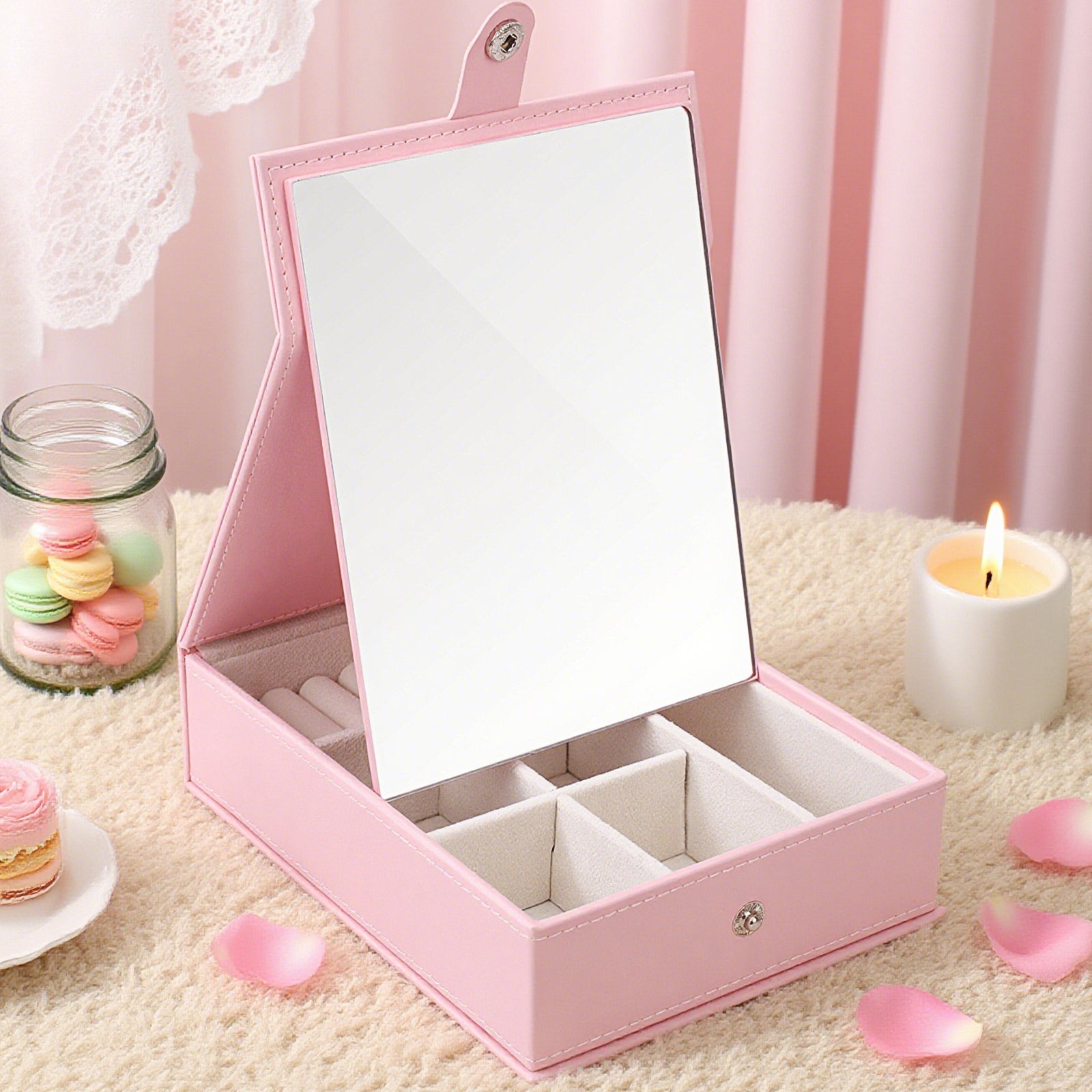 Pink PU Leather Jewelry Organizer with Built-in Mirror - Stylish Countertop Display Box for Vanity