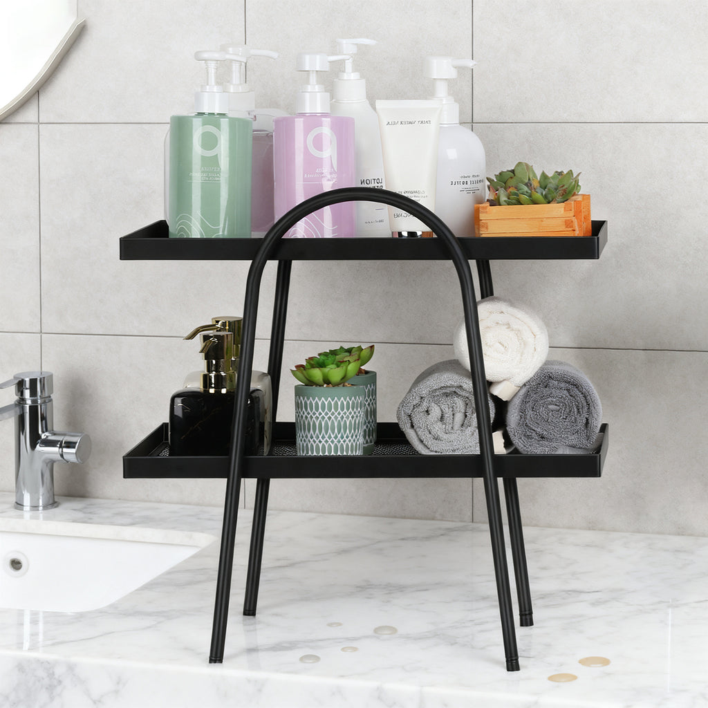 2-Tier Bathroom Countertop Organizer - Elegant Metal Vanity Storage Rack for Makeup, Skincare, and Spices
