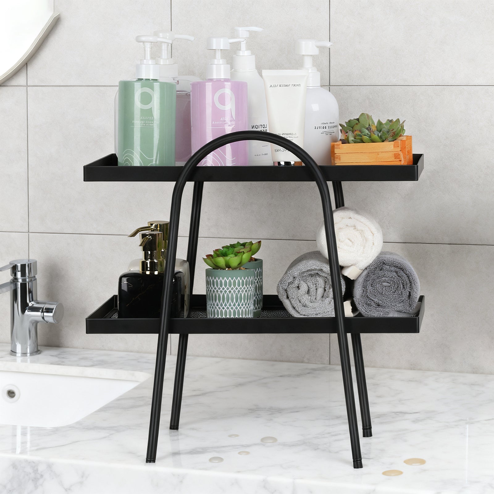 2-Tier Bathroom Countertop Organizer - Elegant Metal Vanity Storage Rack for Makeup, Skincare, and Spices
