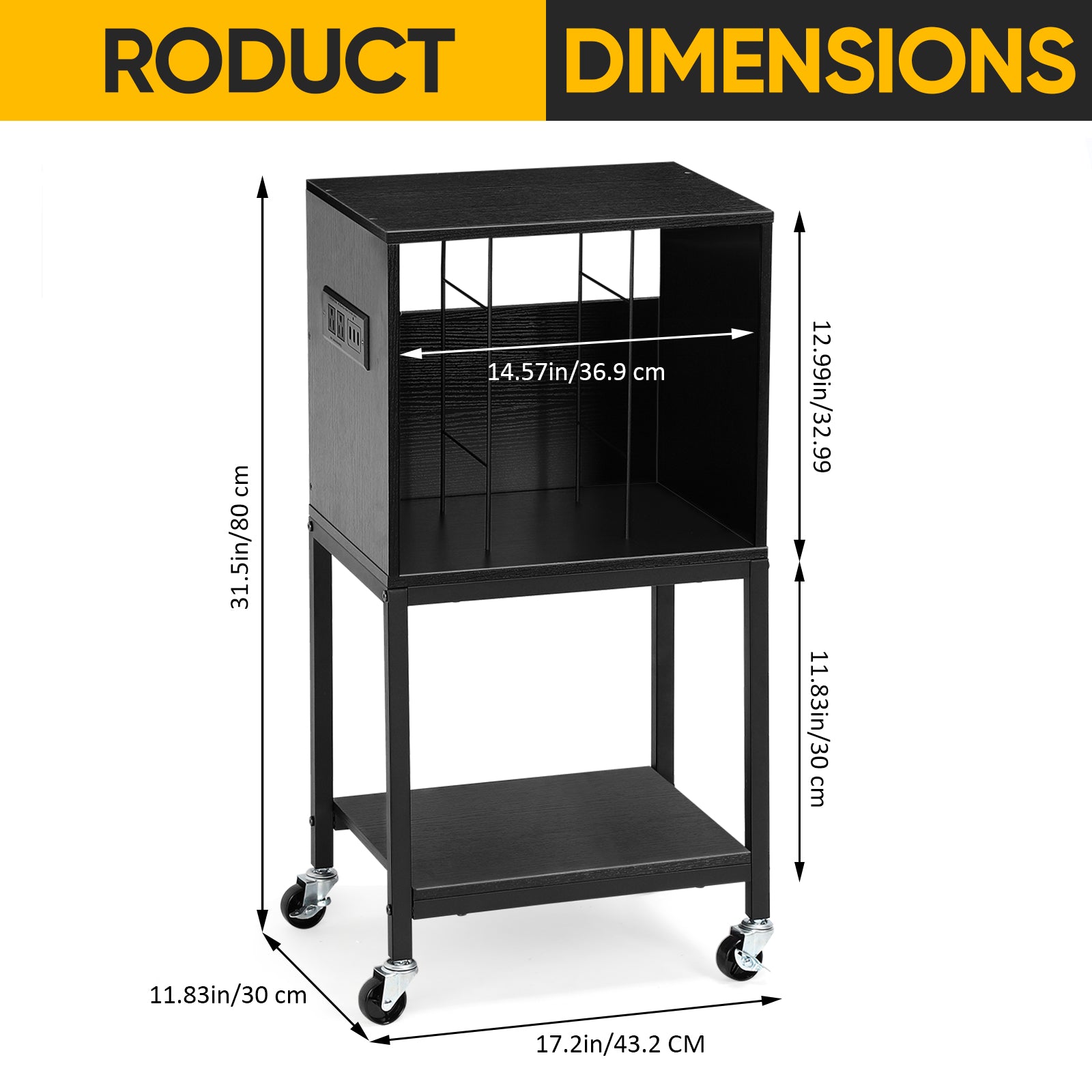 3-Tier Vinyl Turntable Station with Integrated Power Outlets and USB Ports, Black Media Storage Cabinet and Nightstand for Record Collections